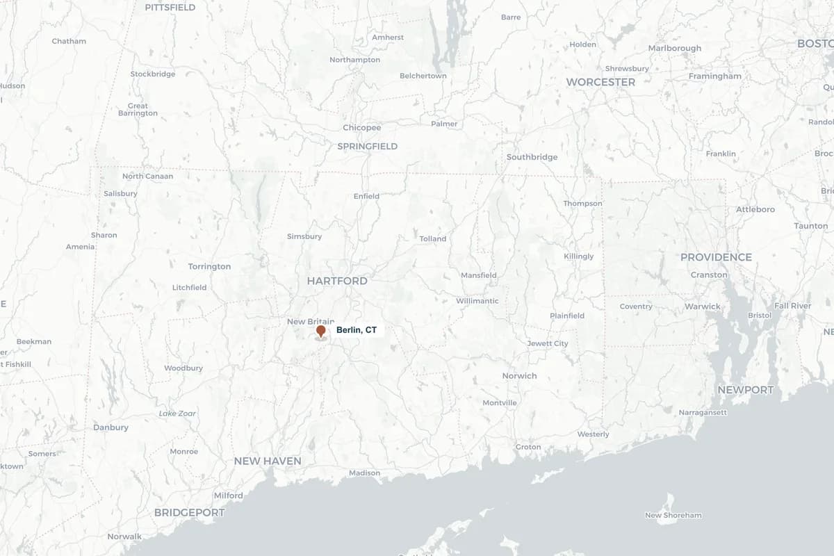 Service area map showing Connecticut and southern Massachusetts, marker on the shop in Berlin, CT